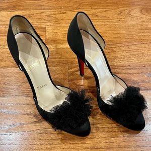 Christian Louboutin Black Satin D'Orsay Heels with Pom Detail